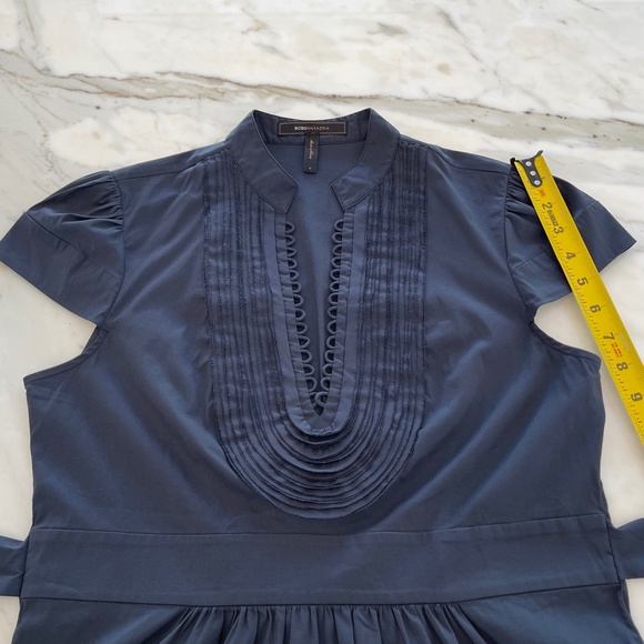 BCBG NAVY BLUE COTTON CAP SLEEVE BELTED COTTON TOP SMALL - Picture 14 of 16